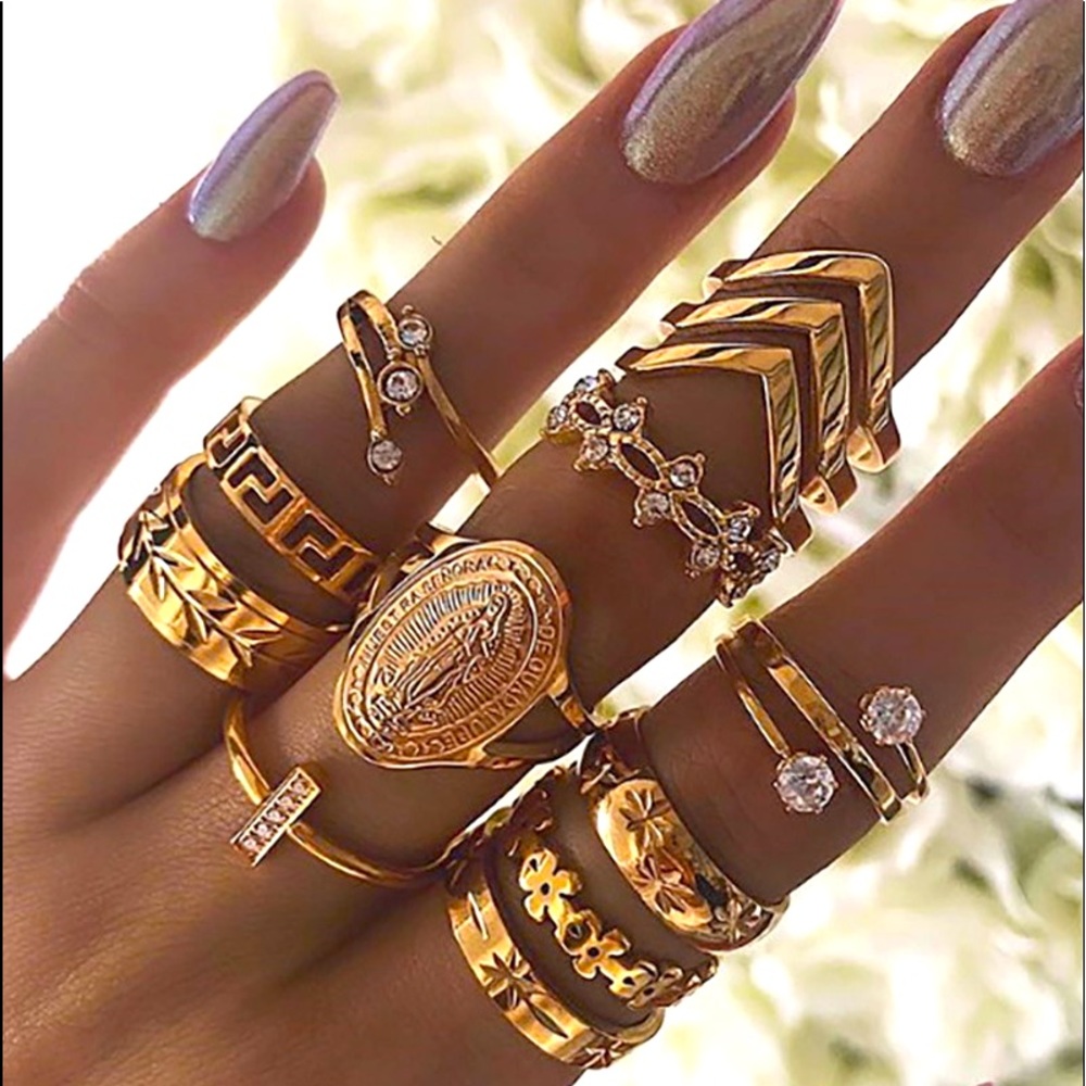 Leaf Floral Pattern Studded Rings Set 13PCS